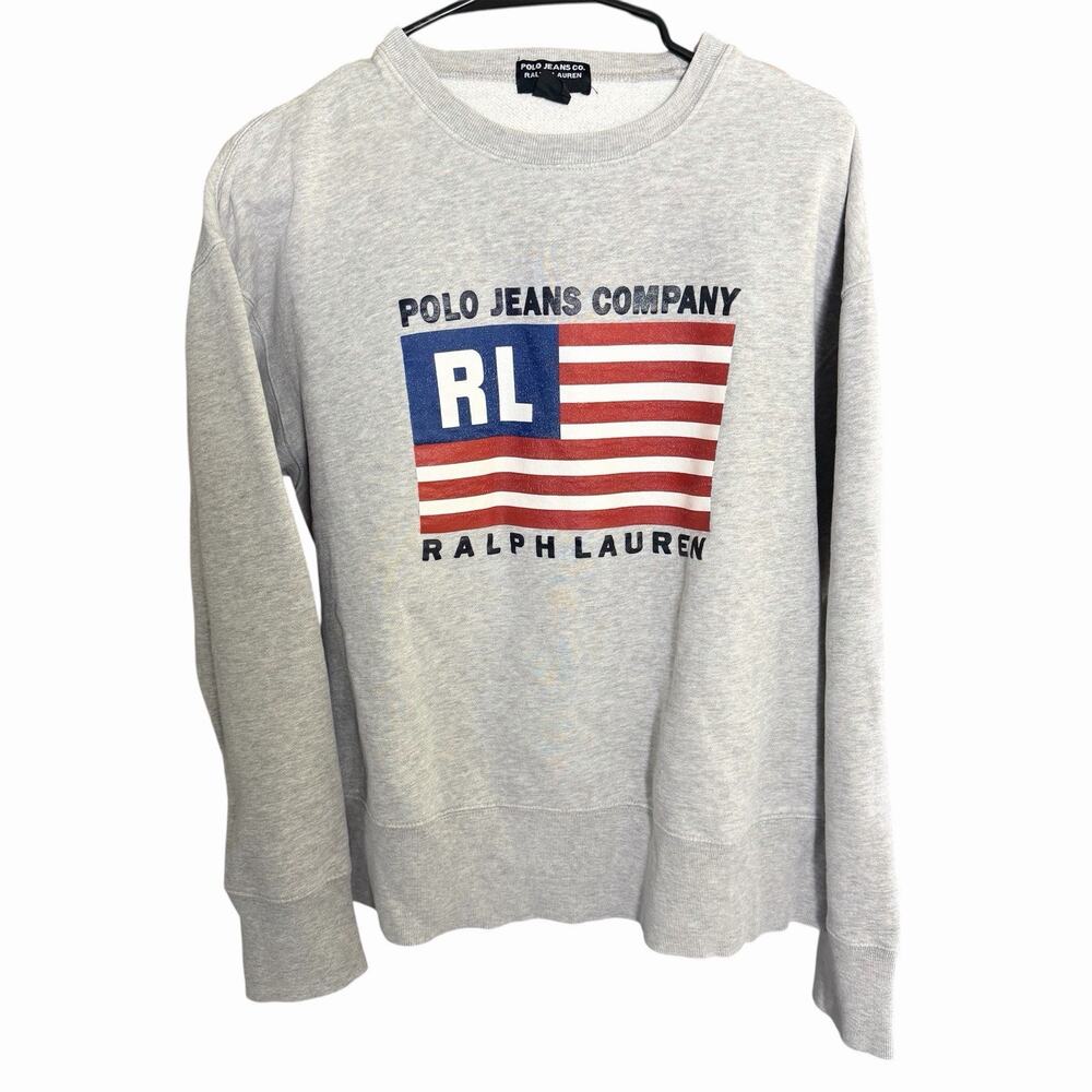 Vtg 90s Ralph Lauren Polo Jeans Company Flag Sweatshirt Gray L Preppy Prep